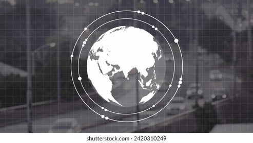 Image of financial data processing over city. Global business, finances, computing and data processing concept digitally generated image.