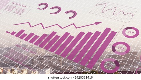 Image of financial data processing over cityscape. Global business, finances, computing and data processing concept digitally generated image.