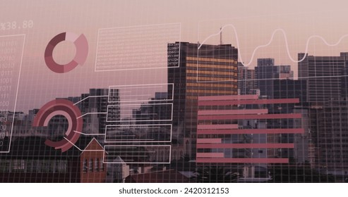 Image of financial data processing over cityscape. Global business, finances, computing and data processing concept digitally generated image.