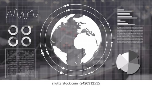 Image of financial data processing over city. Global business, finances, computing and data processing concept digitally generated image.