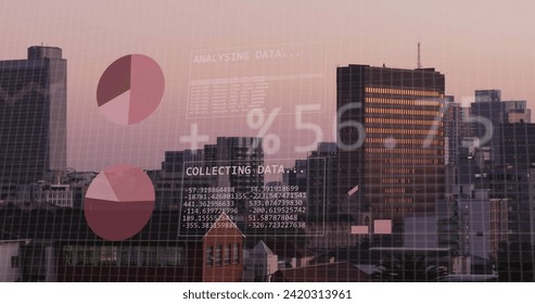 Image of financial data processing over cityscape. Global business, finances, computing and data processing concept digitally generated image.