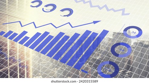 Image of financial data processing over city. Global business, finances, computing and data processing concept digitally generated image.