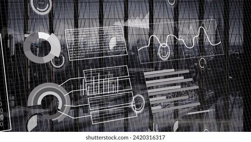 Image of financial data processing over city. Global business, finances, computing and data processing concept digitally generated image.