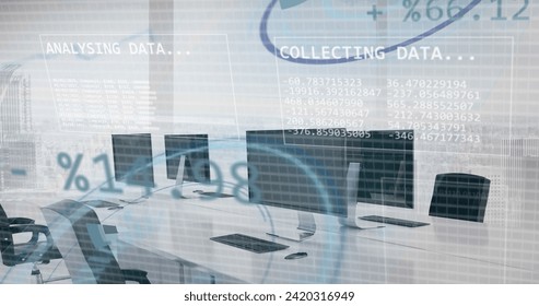 Image of financial data processing over office. Global business, finances, computing and data processing concept digitally generated image.