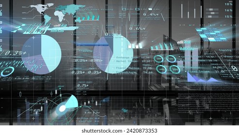 Image of financial data processing over cityscape. Global business, finances, computing and data processing concept digitally generated image.