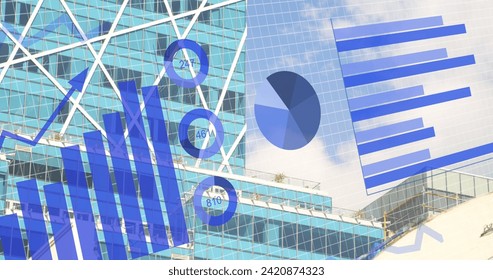 Image of financial data processing over cityscape. Global business, finances, computing and data processing concept digitally generated image.