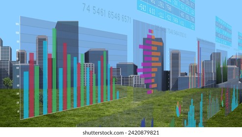 Image of financial data processing over cityscape. Global business, finances, computing and data processing concept digitally generated image.