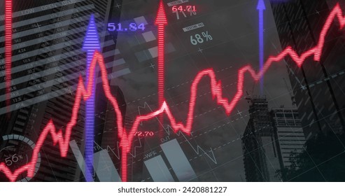 Image of financial data processing over cityscape. Global business, finances, computing and data processing concept digitally generated image.