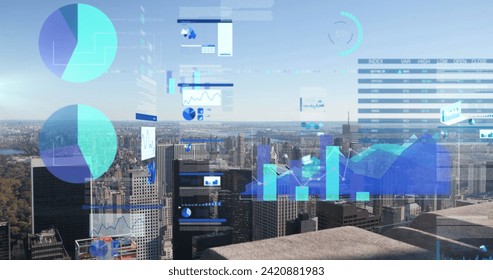 Image of financial data processing over cityscape. Global business, finances, computing and data processing concept digitally generated image.