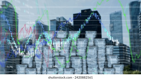 Image of financial data processing over silver coins. Global business, finances, computing and data processing concept digitally generated image.
