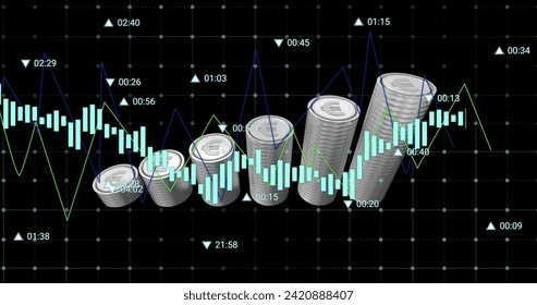 Image of financial data processing over silver coins. Global business, finances, computing and data processing concept digitally generated image.