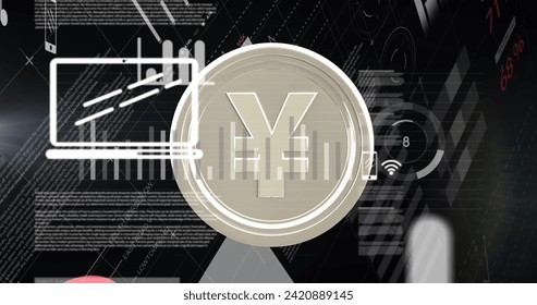Image of financial data processing over silver yen coin. Global business, finances, computing and data processing concept digitally generated image.