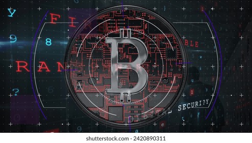 Image of financial data processing over bitcoin. Global business, finances, computing and data processing concept digitally generated image.