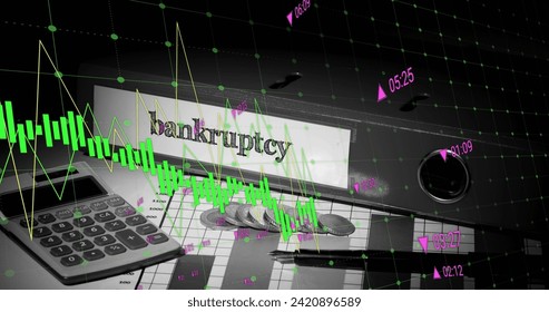 Image of financial data processing over calculator, bankruptcy file and coins. Global business, finances, computing and data processing concept digitally generated image.