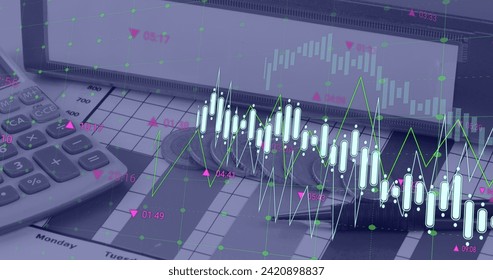 Image of financial data processing over calculator, file and coins. Global business, finances, computing and data processing concept digitally generated image.