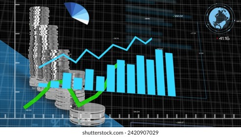 Image of financial data processing over stack of silver coins. Global business, finances, computing and data processing concept digitally generated image.