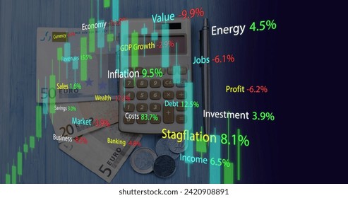Image of financial data processing over calculator, euro currency bills and coins. Global business, finances, computing and data processing concept digitally generated image.