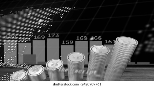 Image of financial data processing over stacks of silver yen coins. Global business, finances, computing and data processing concept digitally generated image. - Powered by Shutterstock