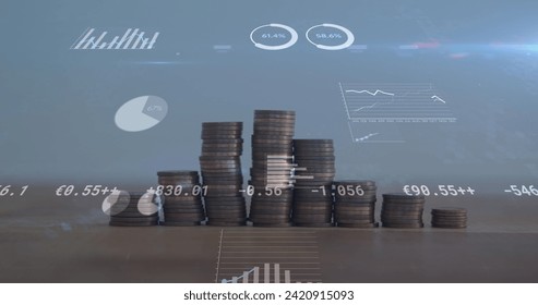 Image of financial data processing over stacks of coins. Global business, finances, computing and data processing concept digitally generated image.
