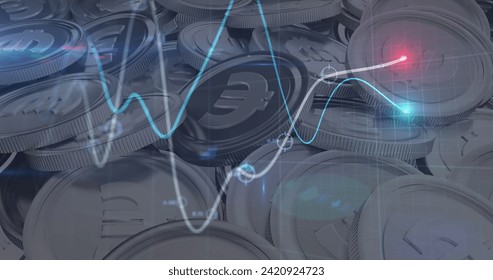 Image of financial data processing over euro currency silver coins. Global business, finances, computing and data processing concept digitally generated image.