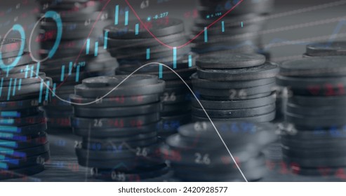 Image of financial data processing over stacks of coins. Global business, finances, computing and data processing concept digitally generated image.