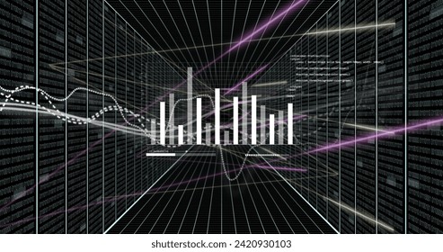 Image of financial data processing over black background. Global business, finances, computing and data processing concept digitally generated image.