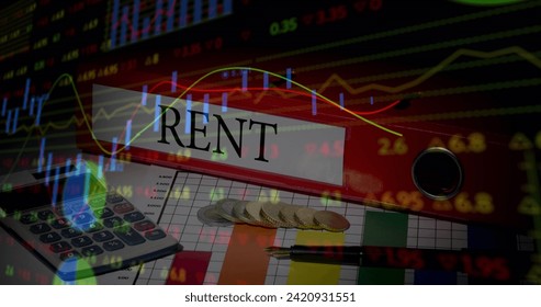 Image of financial data processing over calculator, rent file and coins. Global business, finances, computing and data processing concept digitally generated image.