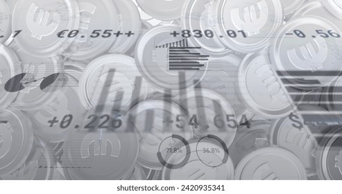 Image of financial data processing over euro currency coins. Global business, finances, computing and data processing concept digitally generated image.