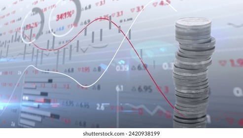Image of financial data processing over stack of coins. Global business, finances, computing and data processing concept digitally generated image.