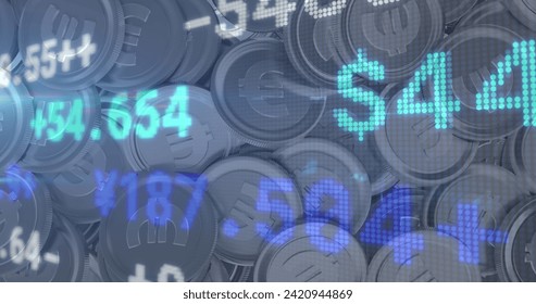 Image of financial data processing over stacks of euro currency coins. Global business, finances, computing and data processing concept digitally generated image.