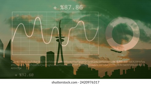 Image of financial data processing over cityscape. Global business, finances, computing and data processing concept digitally generated image.