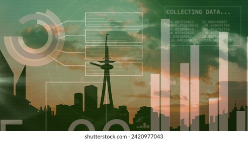 Image of financial data processing over cityscape. Global business, finances, computing and data processing concept digitally generated image.