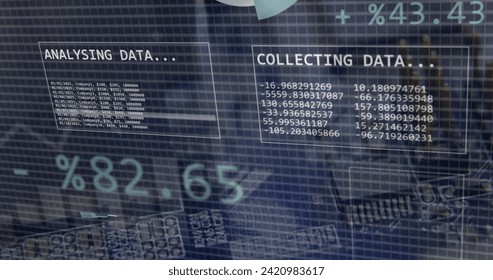 Image of financial data processing over cityscape. Global business, finances, computing and data processing concept digitally generated image.