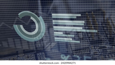 Image of financial data processing over cityscape. Global business, finances, computing and data processing concept digitally generated image.