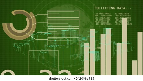 Image of financial data processing over 3d city and globe. Global business, finances, computing and data processing concept digitally generated image.