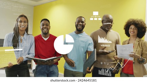 Image of financial data processing over diverse business people in office. Global business, finances, computing and data processing concept digitally generated image.