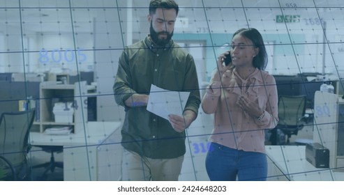 Image of financial data processing over diverse business people in office. Global business, finances, computing and data processing concept digitally generated image.