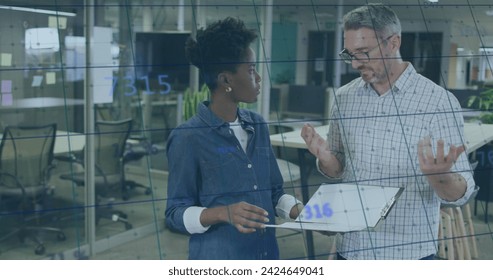 Image of financial data processing over diverse business people in office. Global business, finances, computing and data processing concept digitally generated image.