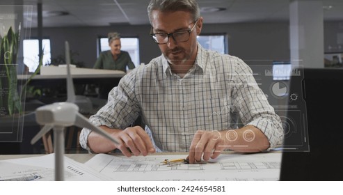 Image of financial data processing over biracial businessman. Global business, finances, computing and data processing concept digitally generated image.