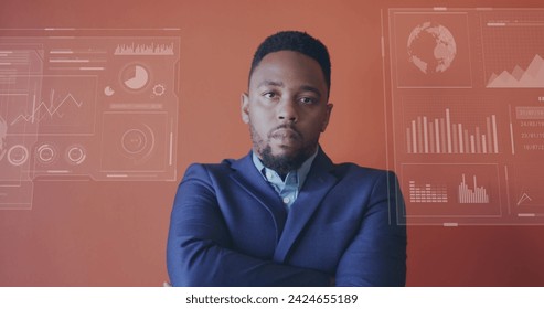 Image of financial data processing over biracial businessman. Global business, finances, computing and data processing concept digitally generated image.