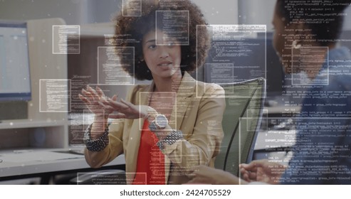 Image of financial data processing over diverse business people in office. Global business, finances, computing and data processing concept digitally generated image.