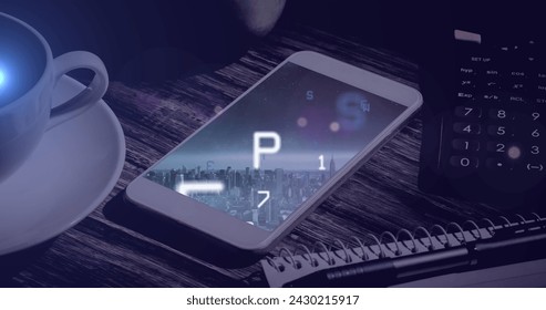 Image of financial data processing over smartphone. Global business, finances, computing and data processing concept digitally generated image.