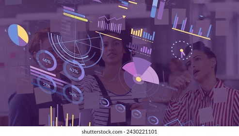 Image of financial data processing over diverse business people. Global business, finances, computing and data processing concept digitally generated image.