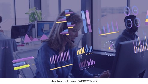 Image of financial data processing over diverse business people. Global business, finances, computing and data processing concept digitally generated image.