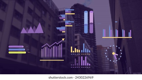 Image of financial data processing over cityscape. Global business, finances, computing and data processing concept digitally generated image.