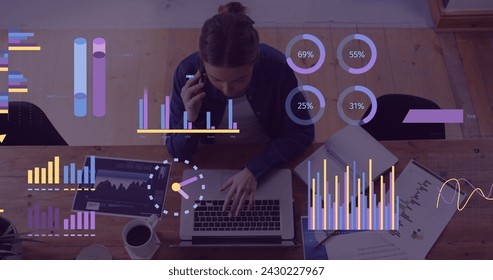 Image of financial data processing over caucasian businesswoman using computer. Global business, finances, computing and data processing concept digitally generated image.
