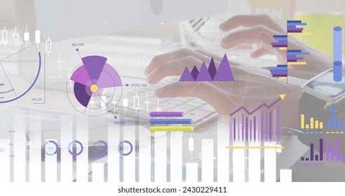 Image of financial data processing over businessman using computer. Global business, finances, computing and data processing concept digitally generated image.
