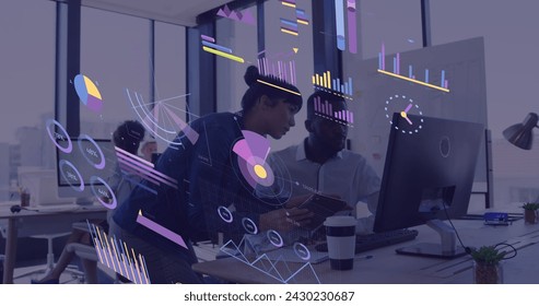 Image of financial data processing over diverse business people. Global business, finances, computing and data processing concept digitally generated image.