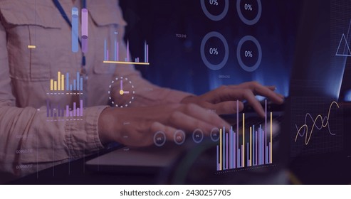 Image of financial data processing over businesswoman using computer. Global business, finances, computing and data processing concept digitally generated image.
