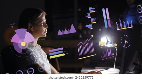 Image of financial data processing over caucasian businesswoman. Global business, finances, computing and data processing concept digitally generated image.
